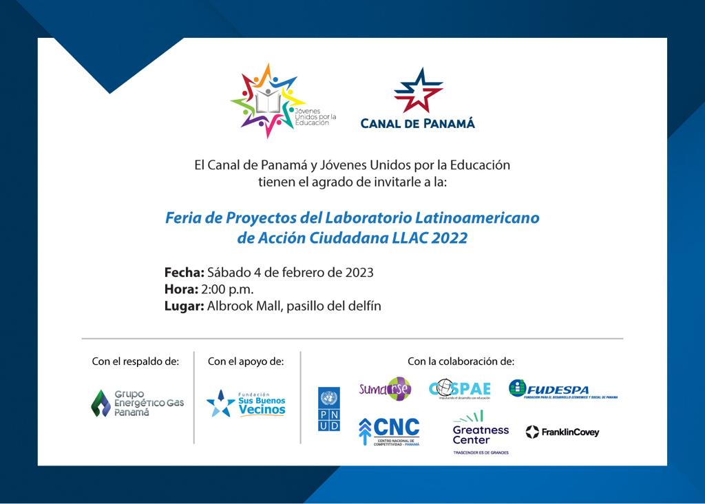 JovenesUxLaE's tweet photo. El Canal de Panamá y @JovenesUxLaE les invita a la Feria de Proyectos del Laboratorio Latinoamericano de Acción Ciudadana 2022 #LLAC2022 el sábado 4 de febrero a las 2 p.m. en el Pasillo del Delfín, Albrook Mall. https://t.co/saXkKxuGe0