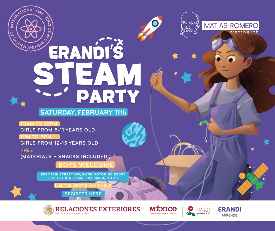 MexCultureDC's tweet photo. Erandi's #STEAMBoxParty comes to DC to motivate girls to discover the world of science, technology, engineering, art, and mathematics. The date is next Feb. 11 in the frame International Day of #WomenAndGirlsInScience.
π©πΎβπ¬ Register your kids for free: https://t.co/y2zI5eUYeq https://t.co/INVlA7MNWy