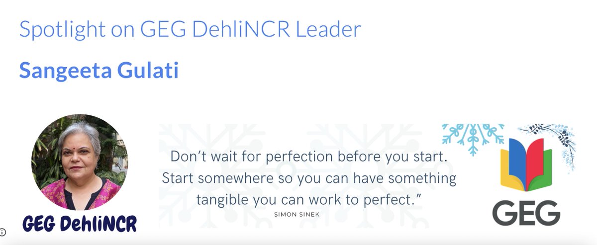 Thank you <a href="/GegProgram/">Google Educator Groups</a> ! Happy to be in the Spotlight in the very first newsletter of the year 2023. 
Being a GEG Leader has been a great experience. Big Thanks to <a href="/GEGDelhiNCR/">GEG DelhiNCR</a>  team <a href="/SanchitaGhosh17/">Sanchita Ghosh</a> <a href="/roopali_arora/">Roopali Arora</a> <a href="/vibhapuri/">𝐕𝐈𝐁𝐇𝐀 𝐏𝐔𝐑𝐈</a> 

Check out Newsletter #80
googleeducator.group/newsletters/ne…