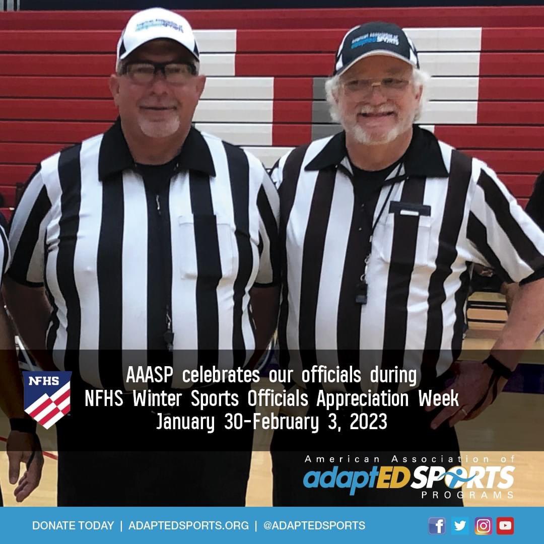 AdaptedSports's tweet photo. This is the @NFHS_Org Winter Sports Officials Appreciation Week! On behalf of @AdaptedSports , we'd like to thank our officials for the time and effort they put forth each week to keep the game fair, safe and fun!   Thank you from all of us at AdaptED Sports!#NFHS #AAASP https://t.co/wXNBD3ZXIF