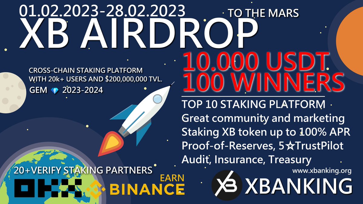 The Great Airdrop! 

10.000 USDT (XB tokens). 100 WINNERS!
Start: 01.02.23 End: 01.03.23

1. Subscribe t.me/xbanking &amp; t.me/xbankingcommun…

2. Subscribe x.com/strongbuycrypto &amp; RT + tag 3 friends.

3. Fill out the form: forms.gle/f4xeYacxSUkg5P…

#airdrop #xbanking