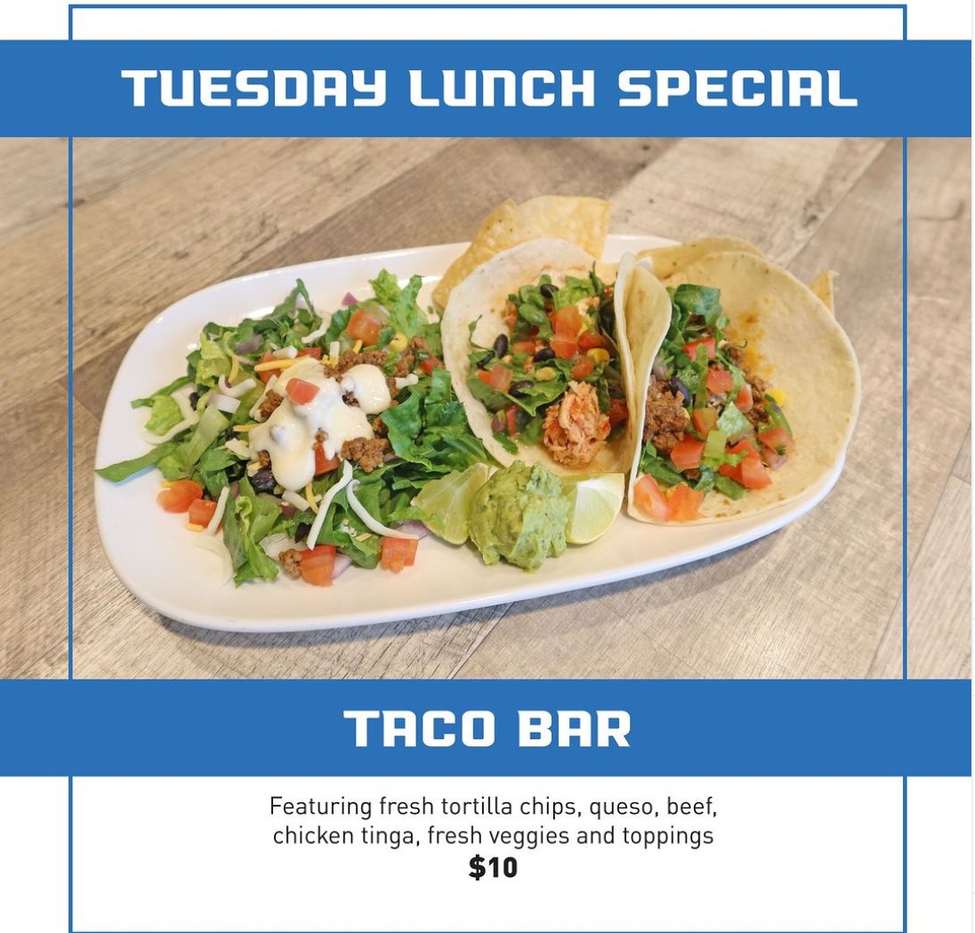 Thank you all for the night off to celebrate with our team! 
We are back at it today with $10 Taco Bar from 11am-2pm then Happy hours: 3 PM – 5 PM and 8PM – CLOSE
$2 off tall domestics and 
$1 off wells