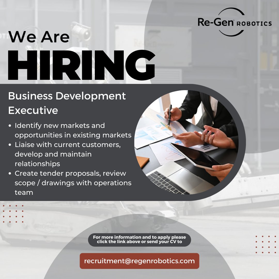 We are now hiring for a Business Development Executive.

For full details and to apply please visit uk.indeed.com/cmp/Regen-Robo…

If you would like to talk about this role, please contact our HR team on 028 3026 5432 for more details.

#regenrobotics #regenwaste #robotics #hiring