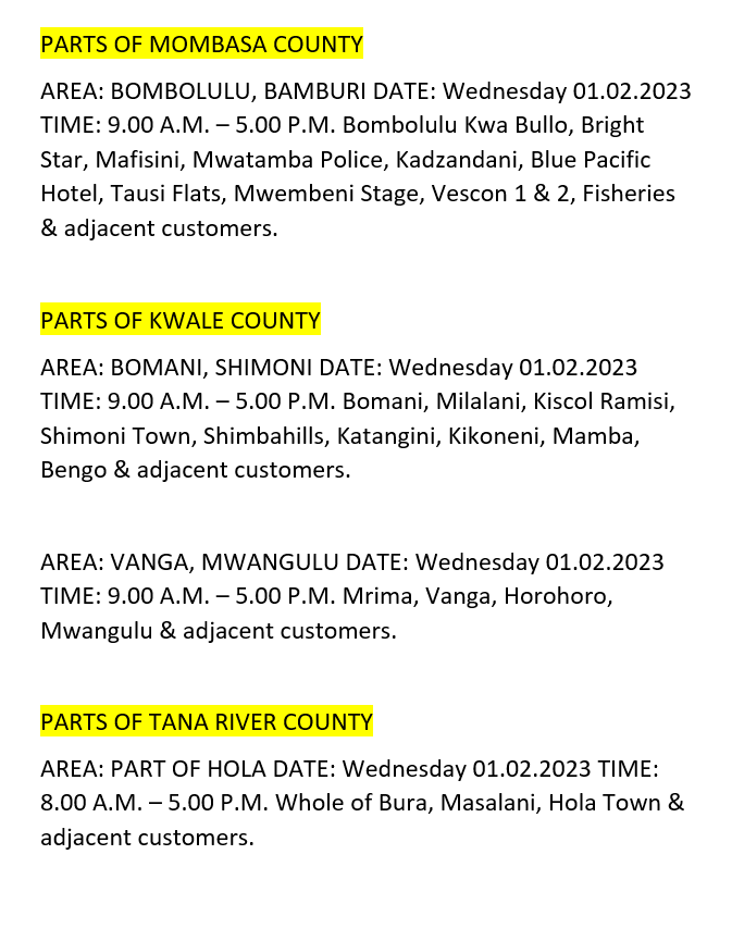 Good Evening. The listed areas will be affected by planned power interruptions tomorrow (1st February 2023). The interruption is part of network maintenance. For the advance notice, use bit.ly/31u4jY4. To access the latest schedule, check under the most recent date. ^MW