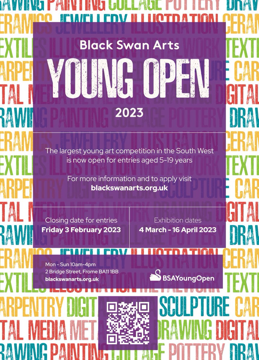 ⏰ Last chance to apply Are you 5-19 years old? Creative? Would like to have your work curated and on show in our exhibiton galleries here over the Easter holidays? Great judges, prizes and opportunities. More info and apply online; blackswanarts.org.uk 🚨deadline Fri 3 Feb