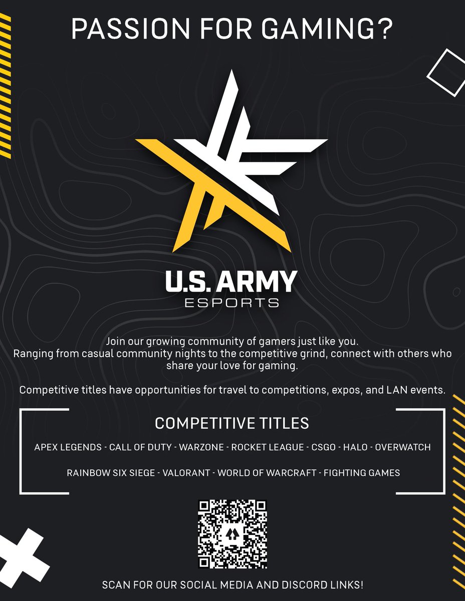 DissKiddGaming's tweet photo. If you’re in the United States Army and have a passion for games, just want to have fun nights/weekends, or think you have the skills to represent the United States Army at Esports tournaments, then make sure you join the Army Esports Discord server.  #ArmyStrong #ArmyEsports https://t.co/qi9ZUjiToN