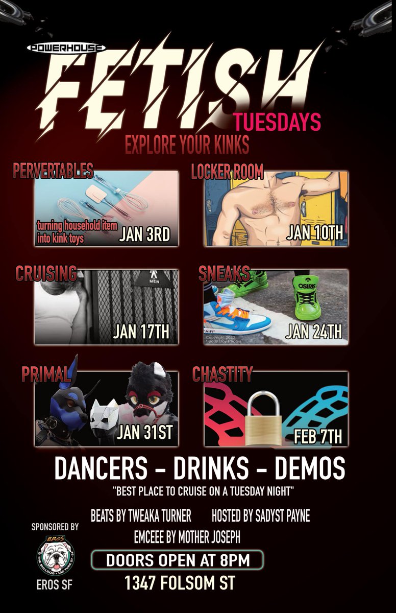 sfPOWERHOUSE's tweet photo. FETISH Tuesday lets the fur fly!!  Sadyst Payne hosts...doors open at 8pm w/ @PeteAPinon Eddy, Zech, Jamie and more!  WHORROR Wednesday w/ @PollyAmberRoss &amp; company, PRELIM #1 &amp; CHONIES Thurs. @BareChestCal https://t.co/ZkeUpBGyal