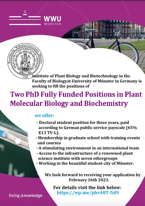 📌 2 Two PhD Fully Funded Positions in Plant Molecular Biology and Biochemistry🌱🧬 at University of Münster in Germany 🇩🇪... Please Retweet and spread the word! For details visit the link below👉 wp.me/pbv48T-5d9