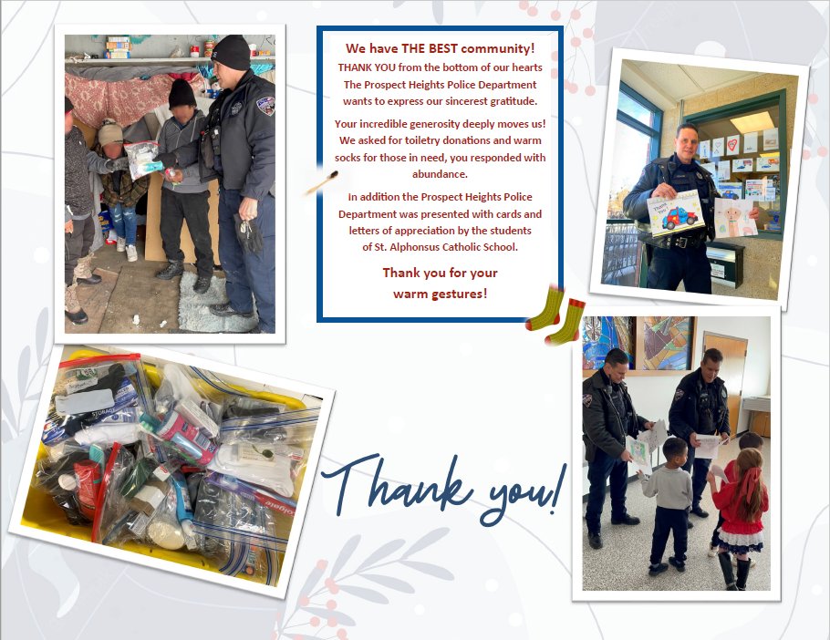 Prospecthtspd's tweet photo. We have the BEST Community! We asked for toiletry donations/socks for those in need, you responded with abundance! Thank You from the bottom our hearts! 

Also, the PHPD was presented with cards by the students of St. Alphonsus Catholic School! https://t.co/c2joKF1EM5