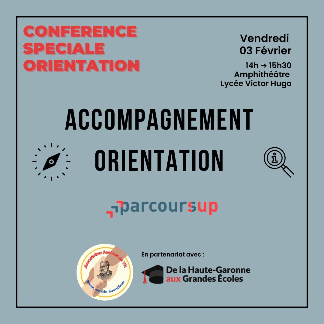 AEVH12's tweet photo. 🗓️📍Ce 03 Février @AEVH12 s'associe à l'association @dhge31 pour organiser une conférence à destination des lycéens du lycée @HugoLycee afin d'accompagner le processus d'orientation et notamment répondre aux questions autour de la plateforme #parcoursup !
#orientation  #postbac https://t.co/CANOCzOGQ3