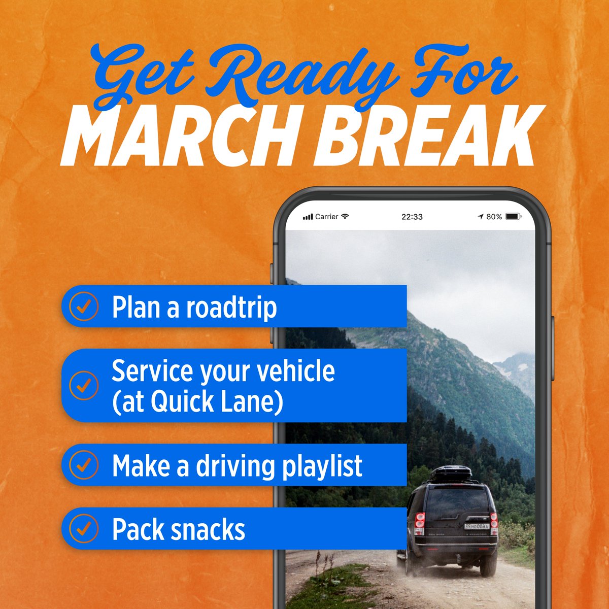 We’re getting road-trip ready for the March break and any prep won’t be complete without the right playlist and a visit to your nearest Quick Lane Tire &amp; Auto Centre ✅

Use this link to find the location closest to you: quicklane.ca/stores