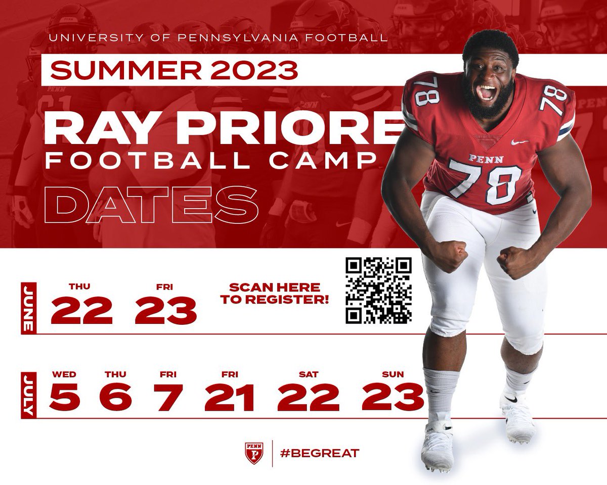 Registration is live! We’ll see YOU 🫵 this summer at the Ray Priore Football Camp! Scan the code or visit pennfootballcamp.com to reserve your spot! #FightOnPenn x #BEGREAT