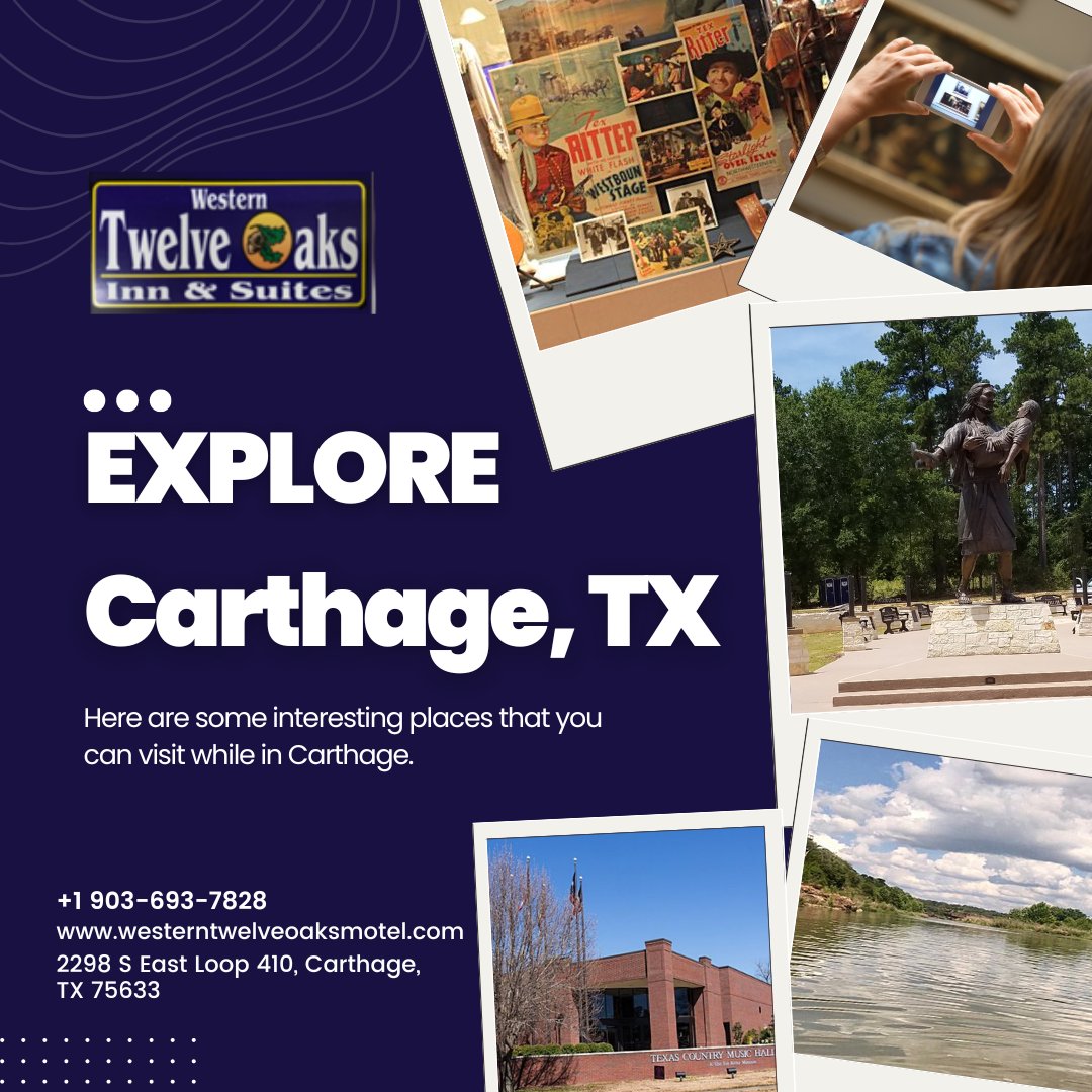 OaksSuites's tweet photo. While visiting the Carthage area, you may want to take interesting day trips in East Texas:
✔️Texas Country Music Hall of Fame
✔️Tex Ritter Museum
✔️Footprints in the Sand Monument
✔️River Ridge Campground and RV
#carthagetx #explorecarthage #thingstodo #nearbyattractions https://t.co/YP61sSs0aF