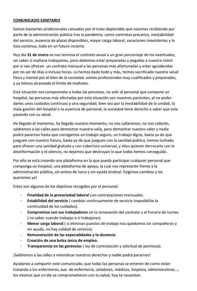SaraFelipeHdez's tweet photo. LOS SANITARIOS QUE APLAUDÍAS, AHORA NOS VAMOS AL PARO. 
Nos afecta a todos. Pido el favor de que esta publicación se comparta para que se sepa lo que está pasando con la SANIDAD PÚBLICA. 

#SanidadCanariaUnida
@SanidadGobCan https://t.co/xERjia4fYr