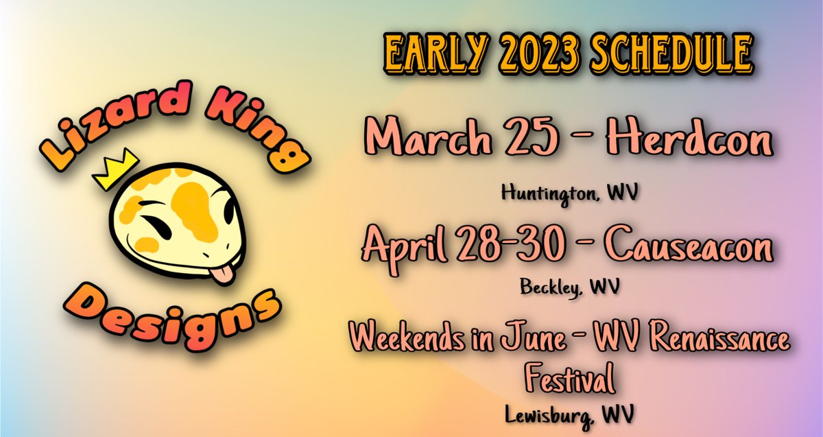 LizardKDesigns's tweet photo. Wondering where you can find me 
next? Here is a look at the next events I’ll be attending!

If anyone knows of any events still looking for last minute artists or vendors in February, March, or April, please let me know! ☺️ https://t.co/4QghpY4m93