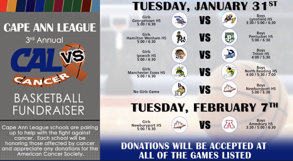 ihstigers's tweet photo. 3rd Annual CAL vs Cancer games this evening. Boys at Triton (5:30pm) Girls hosting Triton (6:30pm). Please help support this important initiative. Donations will be accepted at both games! #CALvsCancer https://t.co/pEEaAepH7q