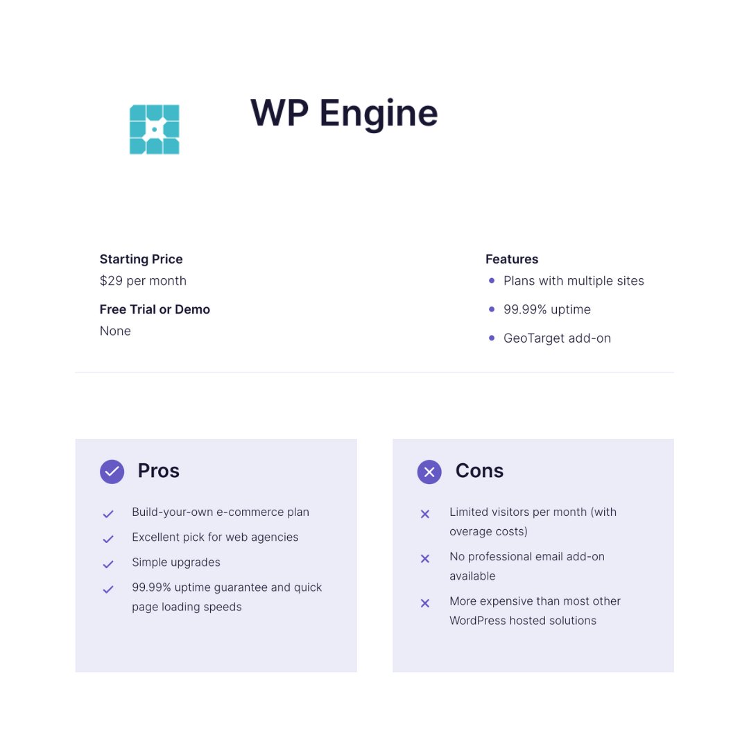 The main reason to choose WP Engine over other e-commerce platforms is that it lets you create a custom plan to get multiple stores on one account. WP Engine works well for small businesses with WordPress websites, offering fast loading speeds and a secure environment.