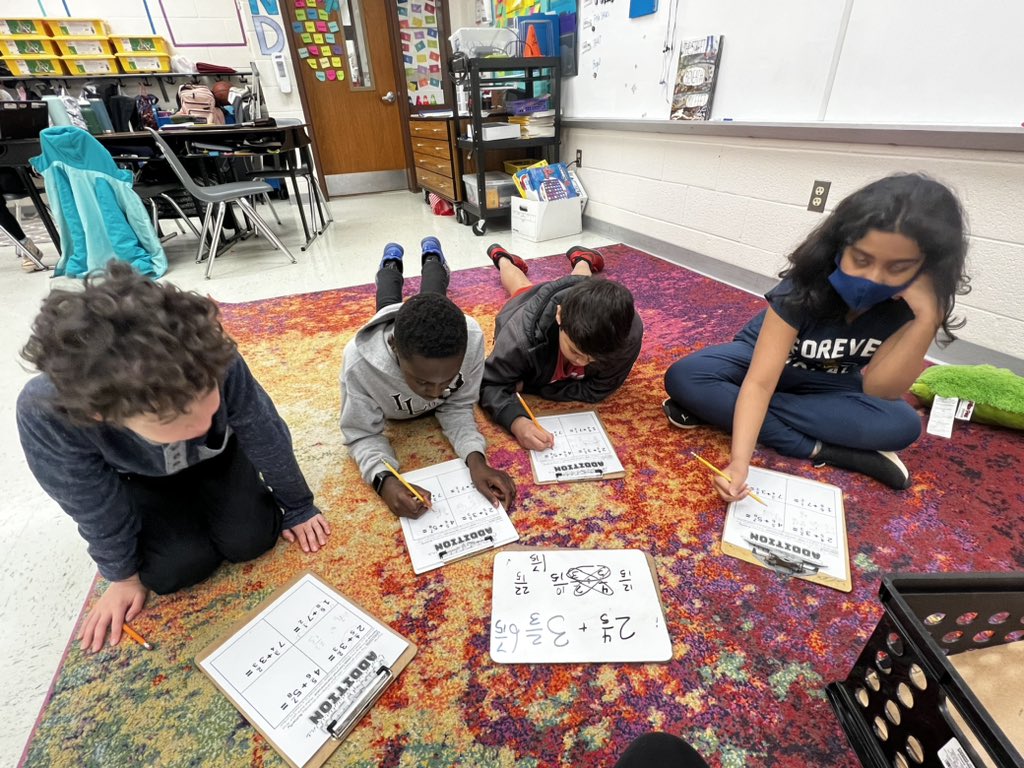 MsDeHaven2's tweet photo. Fusion Push-In Day! Always love having Mrs. Wilson in math workshop. Students are spiraling back to modeling and describing fractions and decimals and learning regrouping with mixed numbers in small group! @LCPS_Math @BallsBluffLCPS https://t.co/auGZ6LMvTX