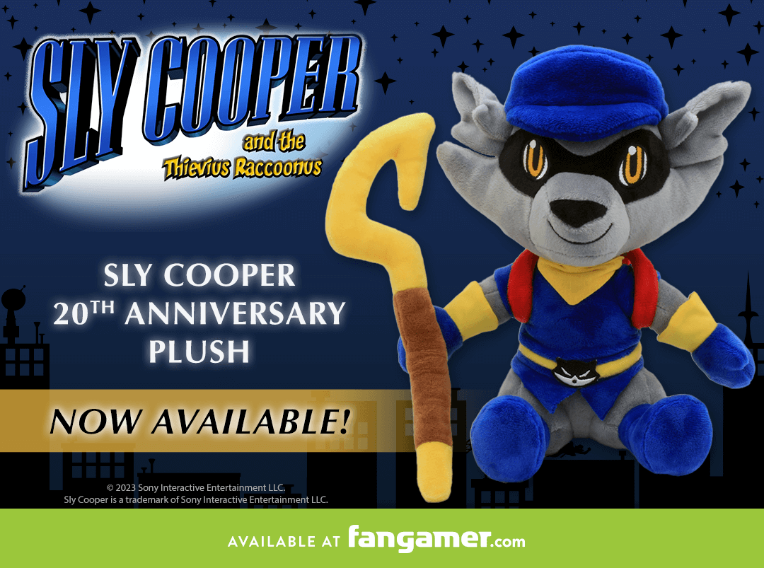 Image of a Sly Cooper plush along with the Sly Cooper logo and the text "Sly Cooper 20th anniversary plush now available!" with a green Fangamer banner at the bottom