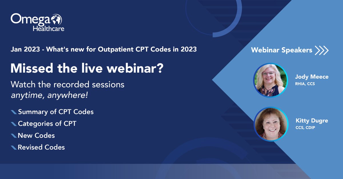 Omega_HMS's tweet image. Missed the live webinar on ‘Jan 2023 - What's New for Outpatient CPT Codes in 2023’ ? You can now stream the recorded session via our on-demand webinar initiative. Watch it here: bit.ly/3wNVuKE
#MedicalCoding #CPTCodes #CodingWebinar #PhysicianCoders #OnDemandWebinar