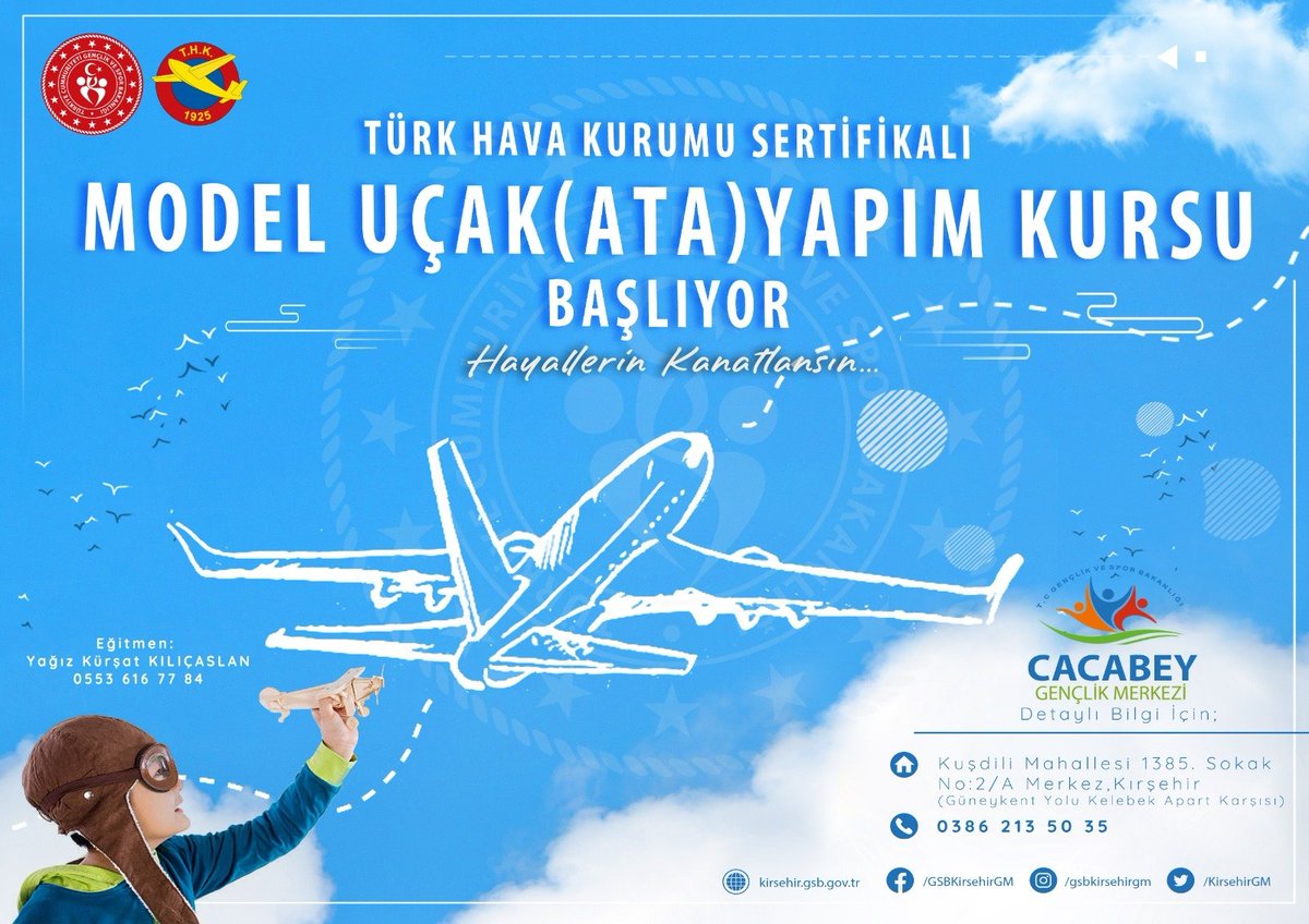 Cacabey Gençlik Merkezi Kulüp ve Atölye Çalışmaları kapsamında Model Uçak Kursumuz başlıyor.

<a href="/gencliksporbak/">Gençlik ve Spor Bakanlığı 🇹🇷</a> 
<a href="/kasapoglu/">Dr. Mehmet Kasapoğlu</a>