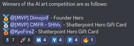 GamPops's tweet photo. Congratulations to [MVP] Dimojolf (green ) and [MVP] CMFR - SHhh (blue).  for their 1st and 2nd place in the @Shatterpointgg AI Art competition!
Seems like at @MVP_Guild, 1st place in #Web3Game esport like @CrossTheAges  was not enough, we also now have winning artists! 🔥 WP! https://t.co/lBcPYAY4xA