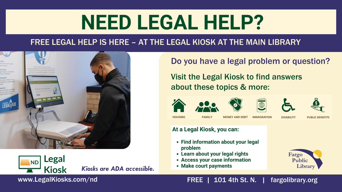 fargolibrary's tweet image. Legal Kiosks are FREE computers you can find in community locations (like libraries!).  One is now available @ the downtown Main @fargolibrary! A Legal Kiosk gives you a safe, secure &amp;amp; easy way to connect with the legal system in North Dakota. 
#LegalKiosk #FargoPublicLibrary