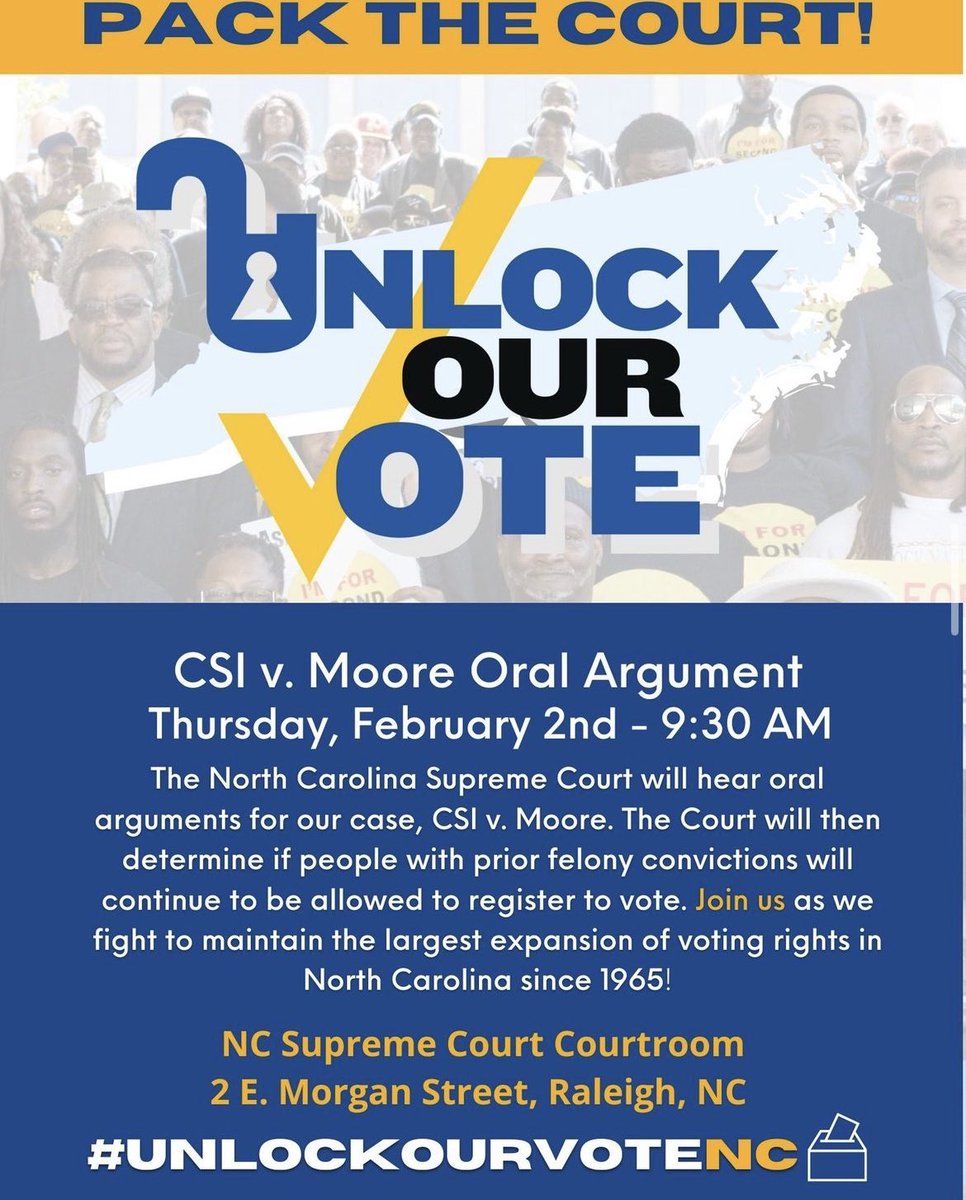 On Feb. 2nd, the North Carolina Supreme Court will hear CSI v Moore oral argument. This historic case will determine if people with prior felony convictions will be allowed to keep their right to register and vote. 🧵 (1/2)