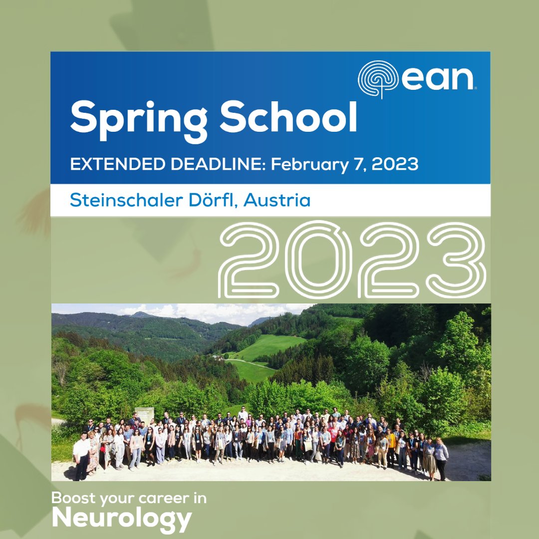 EANeurology's tweet photo. ⏱️Deadline for application for the #EANSpringSchool 2023 has been extended to February 7!
Visit the 🔗 below to learn more about eligibility, the application process, and the preliminary programme.
👉https://t.co/l3vzF5x9aA
#SpringSchool #neurology #CareerDevelopment https://t.co/JLiazVuEhS