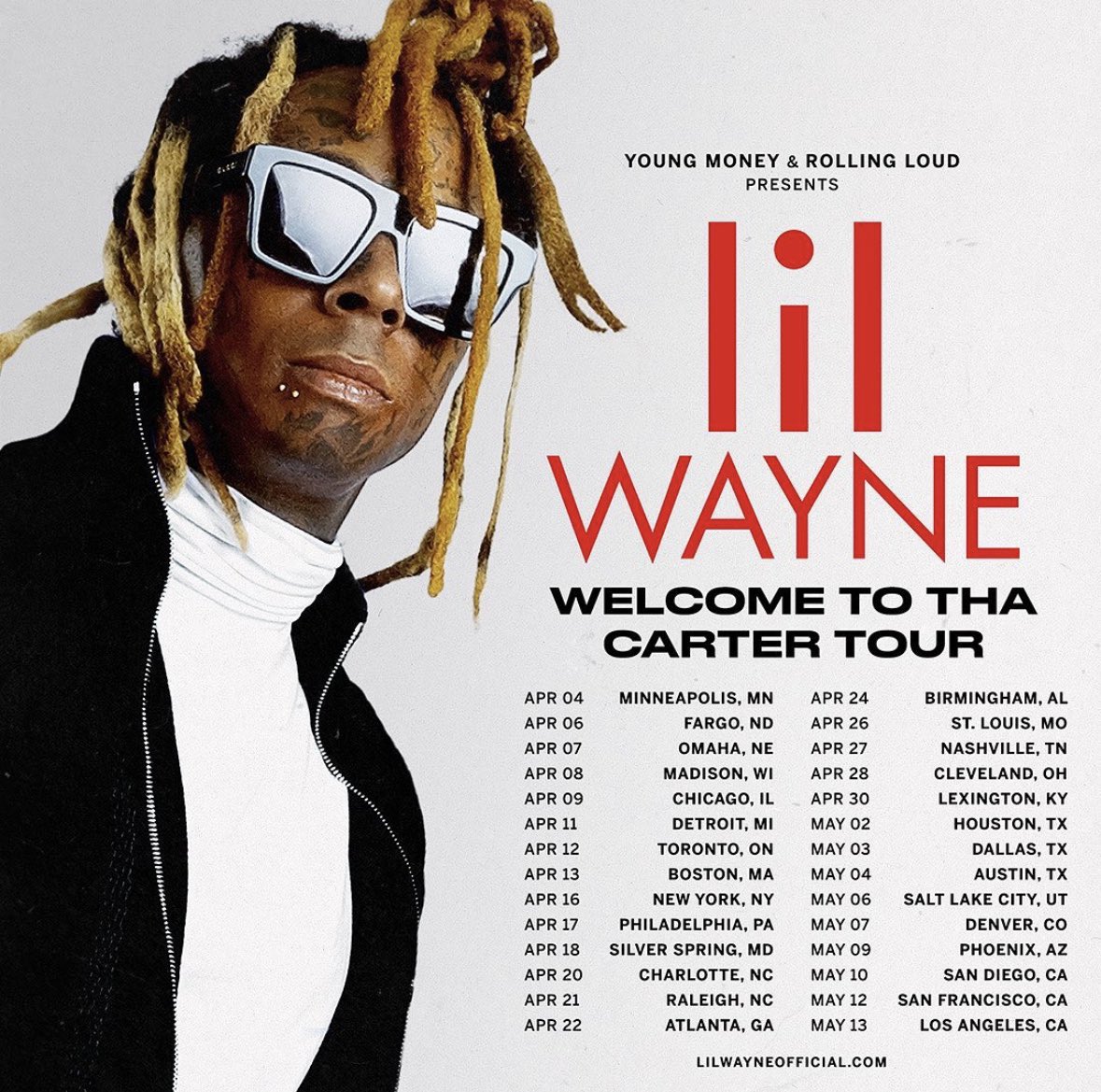 RL x <a href="/youngmoney/">Mula</a> present:
<a href="/LilTunechi/">Lil Wayne WEEZY F</a> LIVE
Welcome To Tha Carter Tour

Presale Thurs @ 10am
On Sale Friday @ 10am

Presale Code: ROLLINGLOUD

Tickets 👉 lilwayneofficial.com