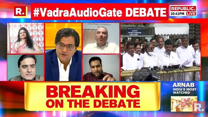 republic's tweet photo. Uproar over #VadraAudioGate | BJP MLA releases 19-second audio tape, claims DK Shivakumar was showing off his wealth. Big debate on the biggest election controversy - https://t.co/qGzmp5Z51c https://t.co/9a31fNBi34