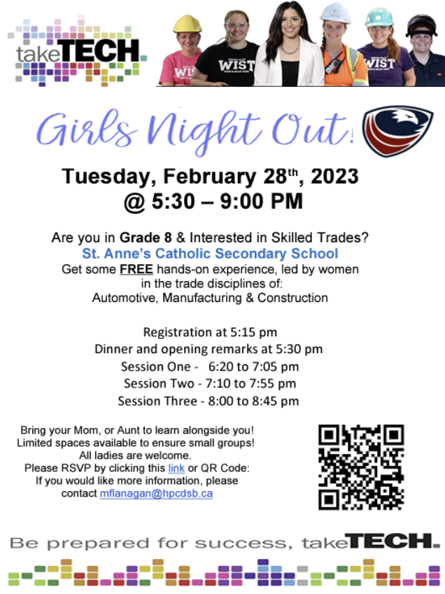 HPCDSB's tweet image. Hey, Grade 8's! Did you know that @stannescss is hosting a Girls' Night Out #SkilledTrades Event on Tuesday, February 28 from 5:30 - 9:00 p.m. Gain free, hands-on experience in automotive, manufacturing and construction! Don't miss out, #TakeTech! Register below! 👷‍♀️🚘⚡️