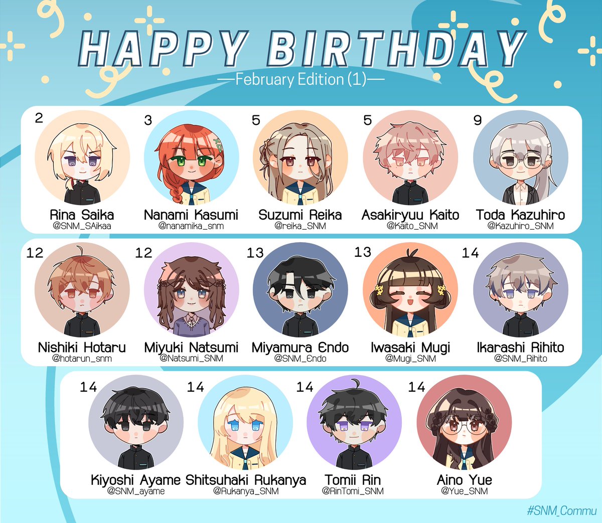 sanami_commu's tweet photo. สุขสันต์วันเกิดสำหรับทุกคนที่เกิดในเดือนกุมภาพันธ์นะคะ🥳
ภาพแยกตัวละคร (พื้นหลังใส) https://t.co/Os5XVc8FAW

※หากผิดพลาดประการใดต้องขออภัยด้วยนะคะ https://t.co/npGBvY2BPG
