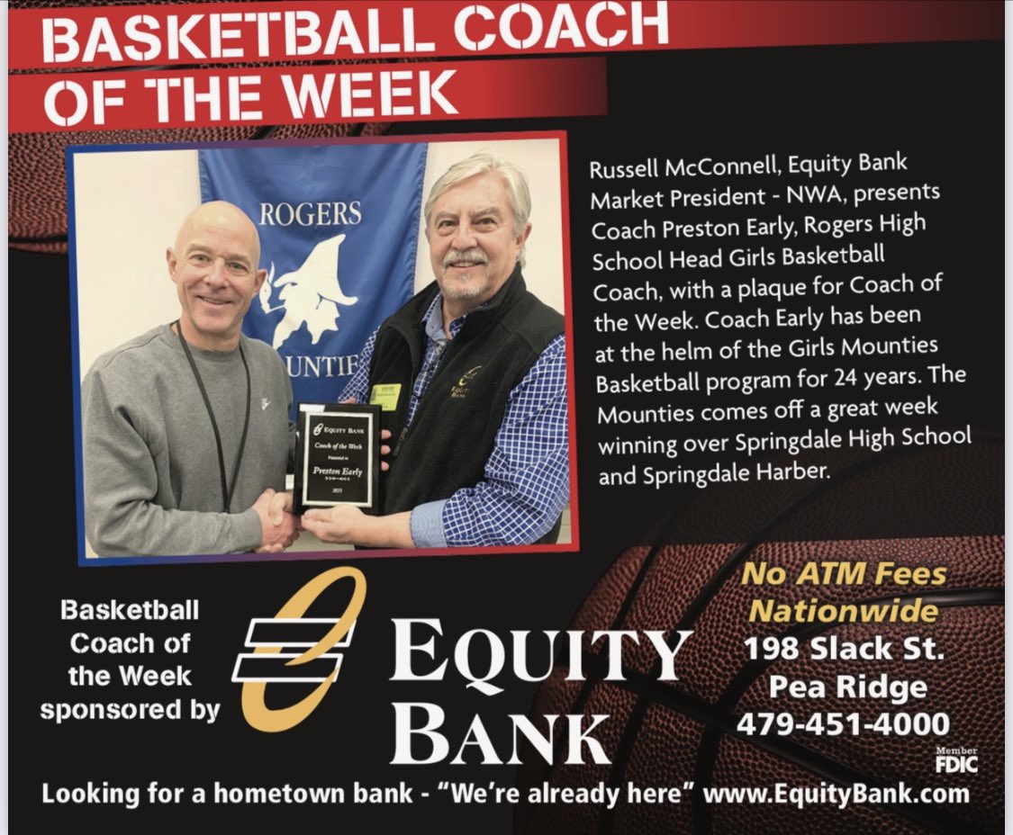 Congratulations Coach Early on being selected Arkansas Democrat-Gazette/ Equity Bank “Coach of the week” @RPS_Athletics <a href="/RHS_Williams/">Lisa Williams</a> <a href="/mountiewbb/">Lady Mountie Basketball</a>