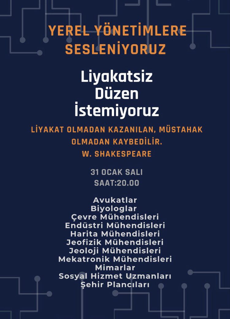 Tüm branşlar, yerel yönetimlerde süregelen liyakatsiz ve mülakatlı alımlara karşı tek ses olduk. KPSS puanlarının ihmal edilerek Belediye başkanlarının ve yöneticilerinin hemşehrilik ve ahbaplık ile personel alımına avukatlar olarak biz de dur diyoruz.  
#YerelYönetimdeLiyakat