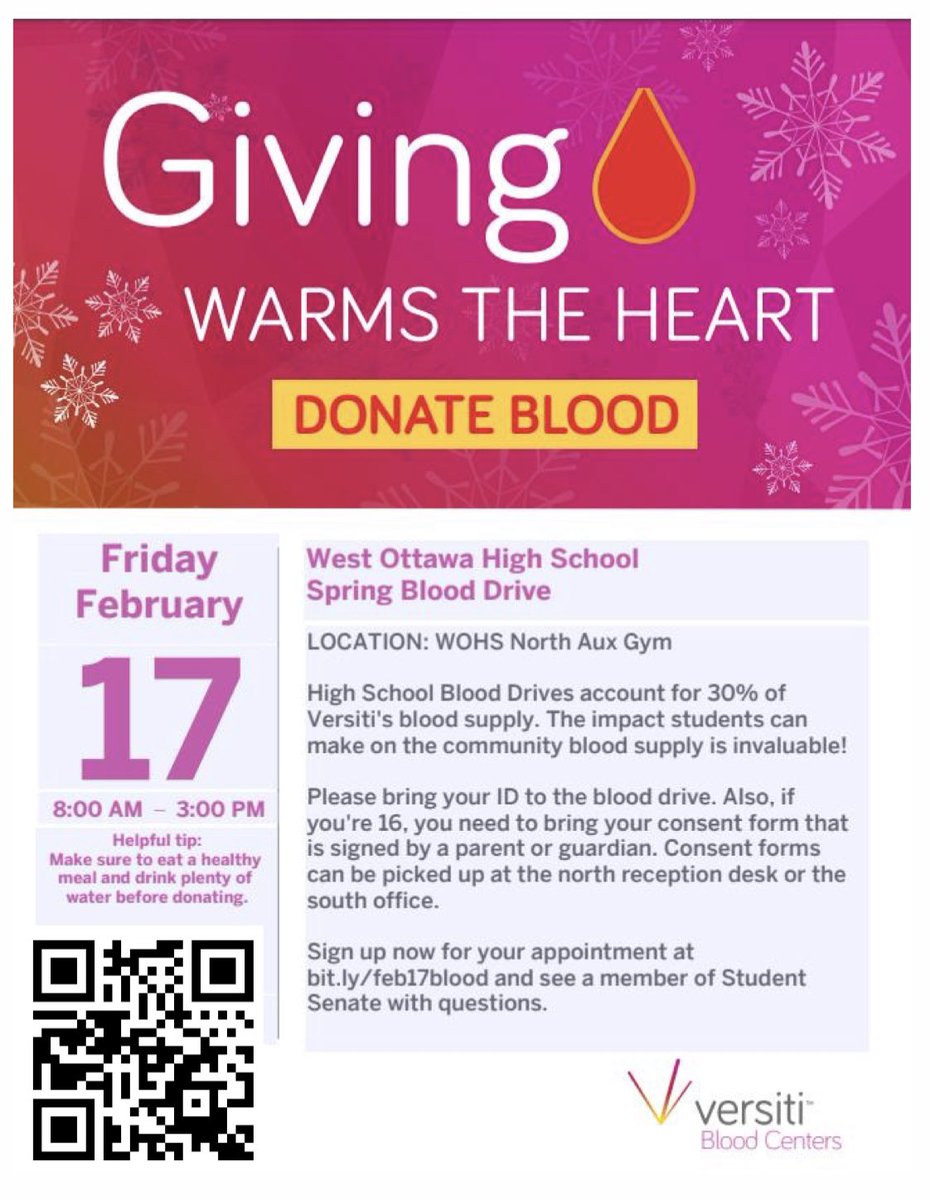 Our final blood drive of the year at <a href="/WestOttawaHS/">West Ottawa HS</a> is quickly approaching. Don’t miss it! Sign up for an appointment here: bit.ly/feb17blood

#GoWO