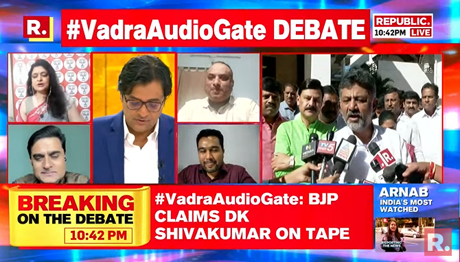 republic's tweet photo. Big debate on Karnataka #VadraAudioGate scandal. BJP MLA demands arrest of DK Shivakumar, 19-second audio clip creates a storm. Join the debate and share your views using the hashtag - https://t.co/qGzmp5Z51c https://t.co/r6Jd427jaq