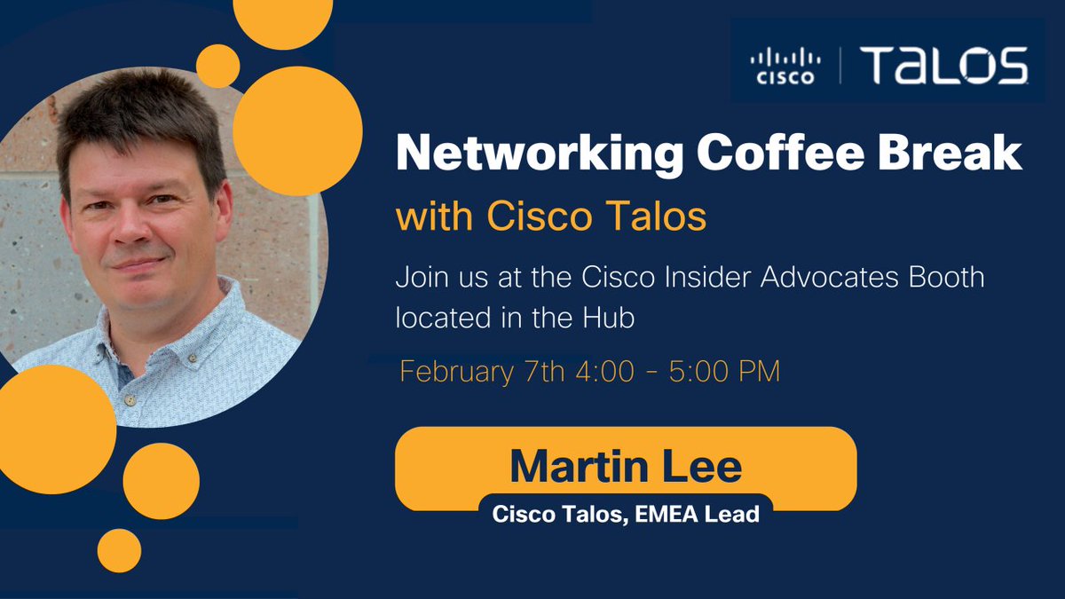 Attending #CiscoLiveEMEA? Join Talos' <a href="/mlee_security/">Martin Lee</a> for a networking coffee break Tuesday February 7th cs.co/60173XsQv