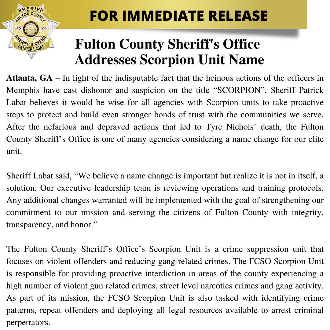 FultonSheriff's tweet photo. A statement from the Fulton County Sheriff's Office addressing the Scorpion Unit name.
#FCSOStrong https://t.co/J3ZuqejwKA