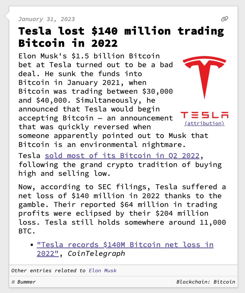 Tesla lost $140 million trading Bitcoin in 2022 January 31,  2023https://web3isgoinggreat.com/?id=tesla-lost-140-million-trading-bitcoin -in-2022