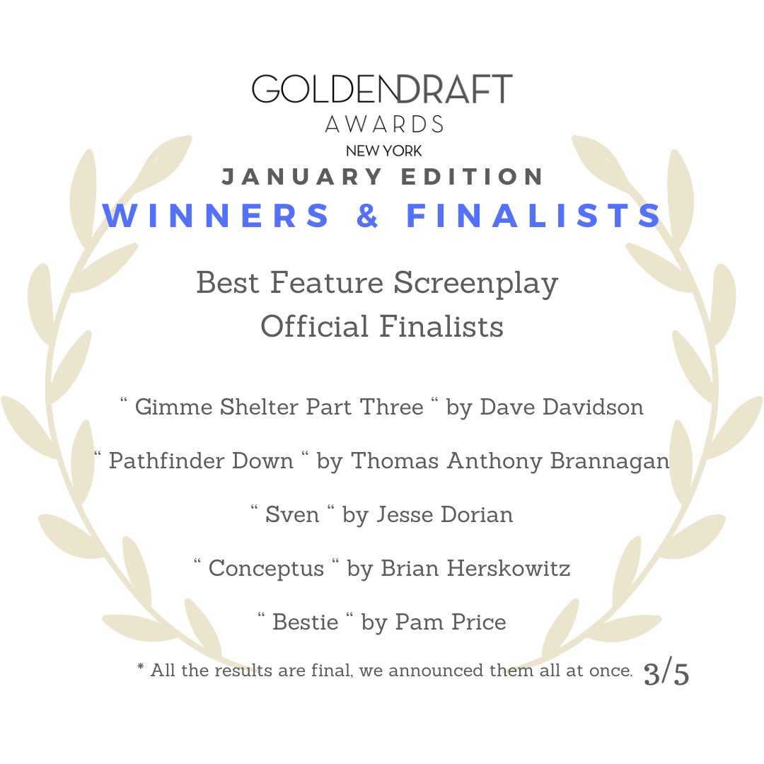 Golden_Draft's tweet photo. Congratulations to the winners &amp; the finalists!

The new season, February Edition will be open by Feb 1st!

✨You’ll receive 1-3 pages of FREE FEEDBACK✨ 

Submit via https://t.co/C06JLhTJZH

#writerscommunity #5amwritersclub #writingtips #prewga #wga #writerscommunity https://t.co/FKjURm4FB4