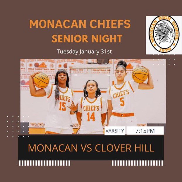 MonacanGBB's tweet photo. 🏀GAME DAY🏀

🧡Senior Night🧡

🆚 Clover Hill
⏰ JV: 5:45pm, Varsity: 7:15pm
📍Monacan HS
💰$8 admission
🔥📸 by @BalloutVizuals 

Arrive by 7pm to help us celebrate our 3 seniors: Mackenzie Swayne, Jasmine Jackson, &amp; Caitlyn Rodriguez
#ChiefPride #804varsity #rvaW @cfieldsports https://t.co/jSTmDfqsPH