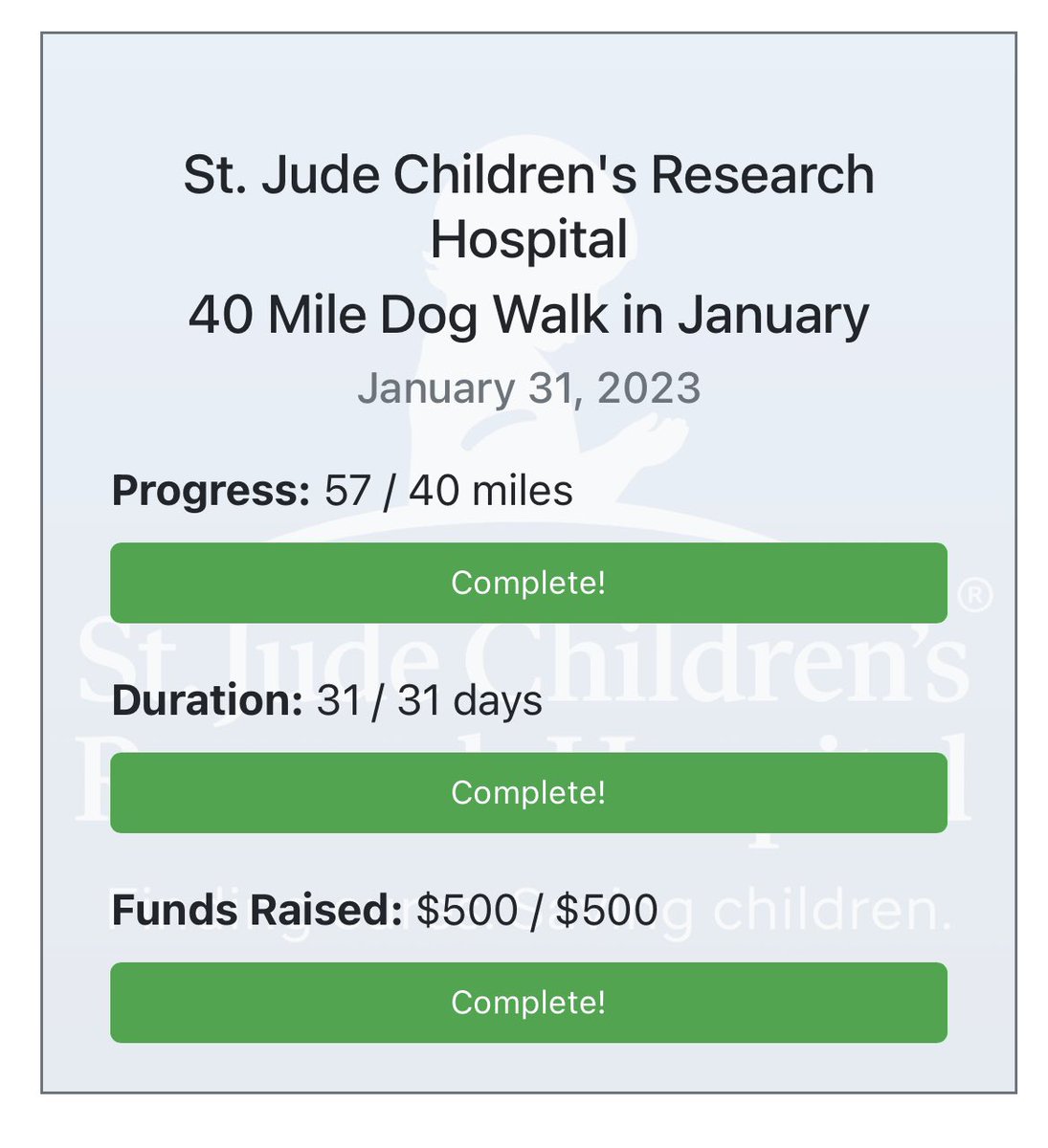My sweet puppers and I walked 57 miles together this month and raised $500 for <a href="/StJude/">St. Jude</a>. I'm just over the moon for him and am so grateful I get to be his mama! 🐾💙🐾