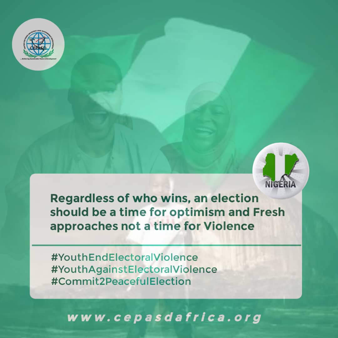 CEPASDAfrica's tweet photo. YOUTH VOICES AGAINST ELECTORAL VIOLENCE
Regardless of Who Wins ELECTION, Elections should be a Time for Optimism and Fresh Approaches not a Time for Violence
@CDDWestAfrica @FundHumanRight @UN #YouthEndElectoralViolence
#YouthAgainstElectoralViolence
#Commit2PeacefulElection https://t.co/K5FM3CjZSE