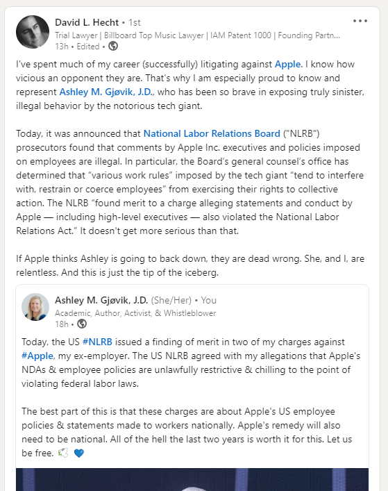 ashleygjovik's tweet photo. My friend David Hecht (@HechtPartners) posted this lovely comment on LinkedIn last night &amp; I want to share here too. David stepped in to deal with Apple's vague "confidentiality" threats to me in Sept/Oct 2021. His ethics &amp; bravery continue to inspire me.
https://t.co/2HUT8V2BLT https://t.co/p74jl3Imhb
