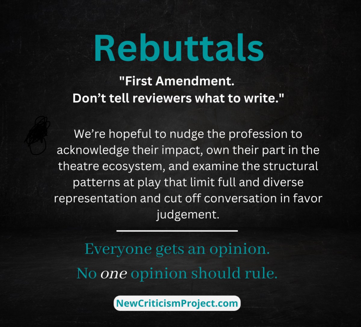 NewCriticismPro's tweet image. “Acknowledge 👏 their 👏 impact 👏.”
+
“Conversation in favor of judgement.”
=
Better theatre + better criticism + better for audiences

These are some of our rebuttals to responses we expect to come up to our work at #NewCriticismProject. 

Change is possible.
