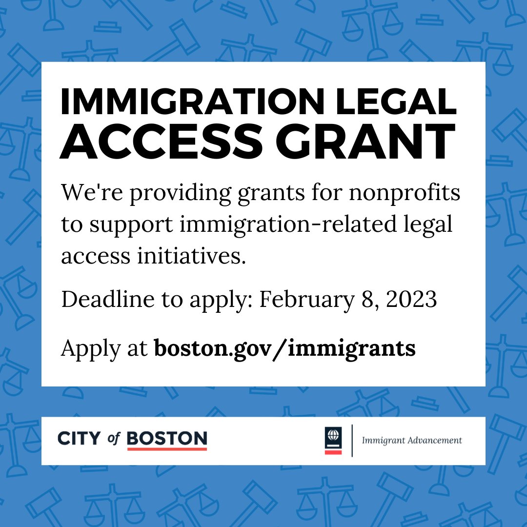 Please note <a href="/BOSImmigrants/">Immigrant Advancement - Boston</a>'s Immigration Legal Services Grant is now open for applications. The grant supports nonprofits on immigration-related legal access initiatives. The maximum award is $125,000. Applications are due Wed, 2/8. For more: ow.ly/iVkm50MsbGj #bospoli