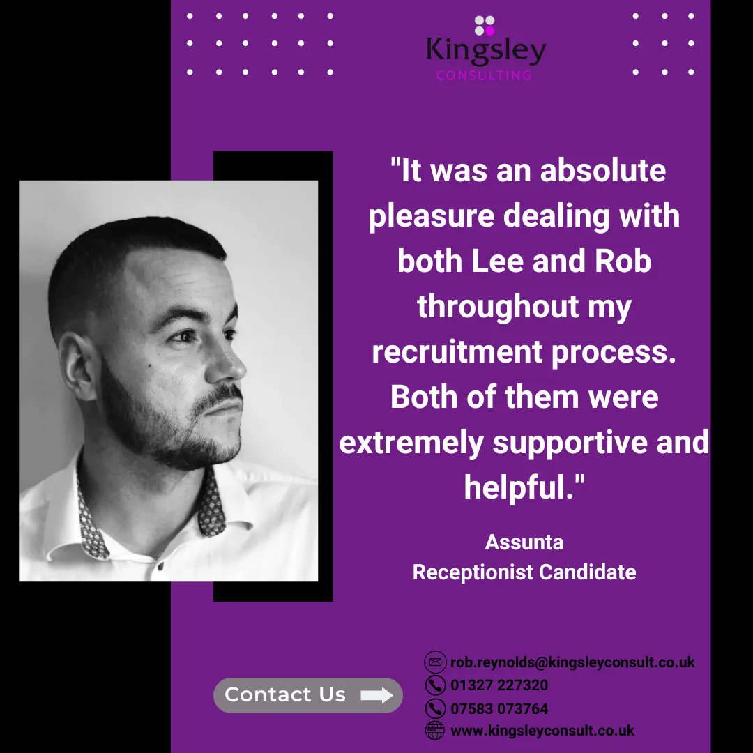 KingsleyCltd's tweet photo. It's Tuesday again!!! We hope you've had great weekend. This week we wanted to share one of our candidate's experience working with both Rob and Lee to find her next role.

If we can support you in any way, please don't hesitate to reach out to us on 01327 227320 

#Jobs #NewJob https://t.co/1dYH7y96oZ