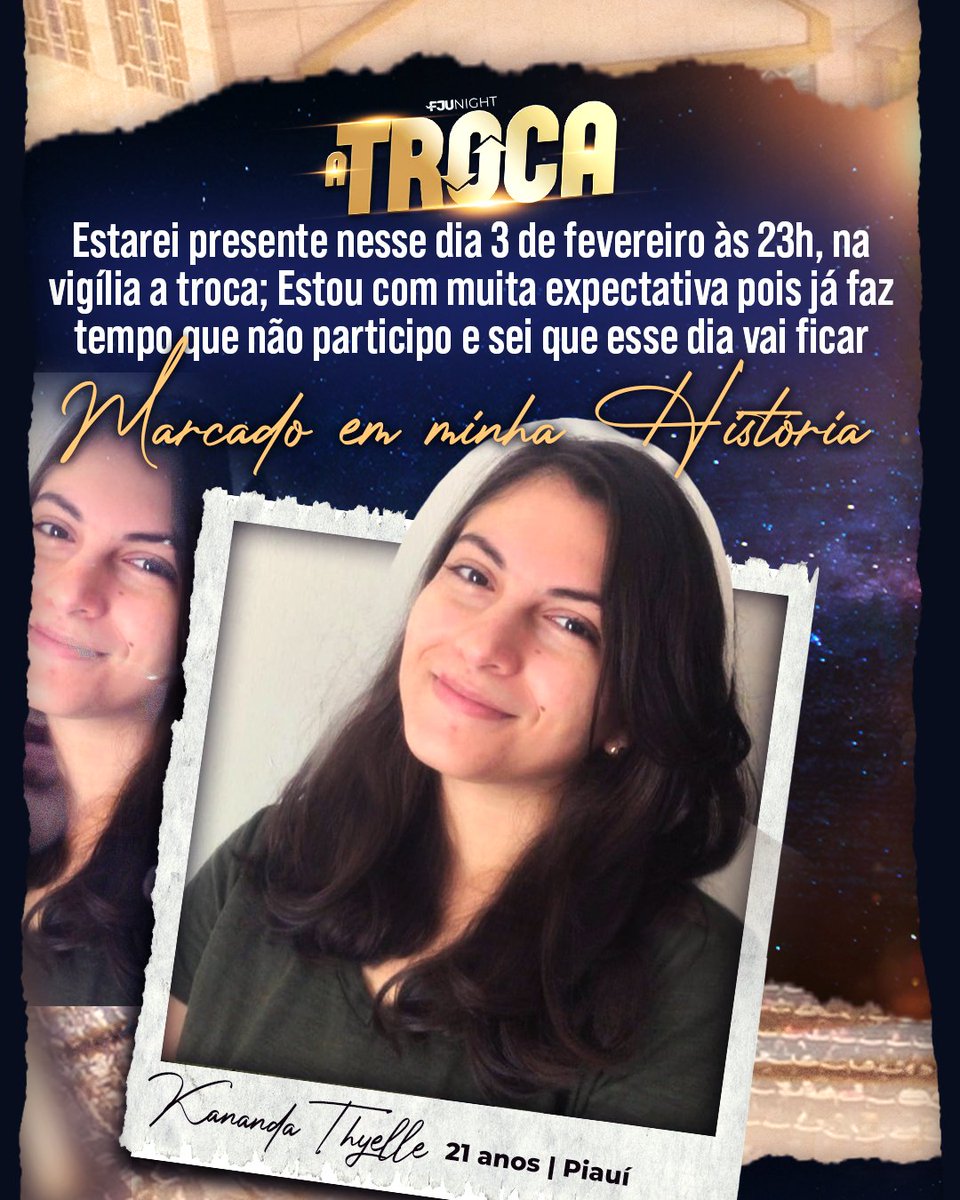 fjupiaui's tweet photo. Faltam apenas 3 dias e, assim como a Kananda, que por algum tempo não vinha mais a uma FJUNight, faça como ela e volte, participe da primeira vigília do ano na FJU e assim como ela esteja certo de que ficará marcada em sua vida!🤩🤩

#VemPraFJU #FJUPI #FJUNight https://t.co/2FG1I3qODv