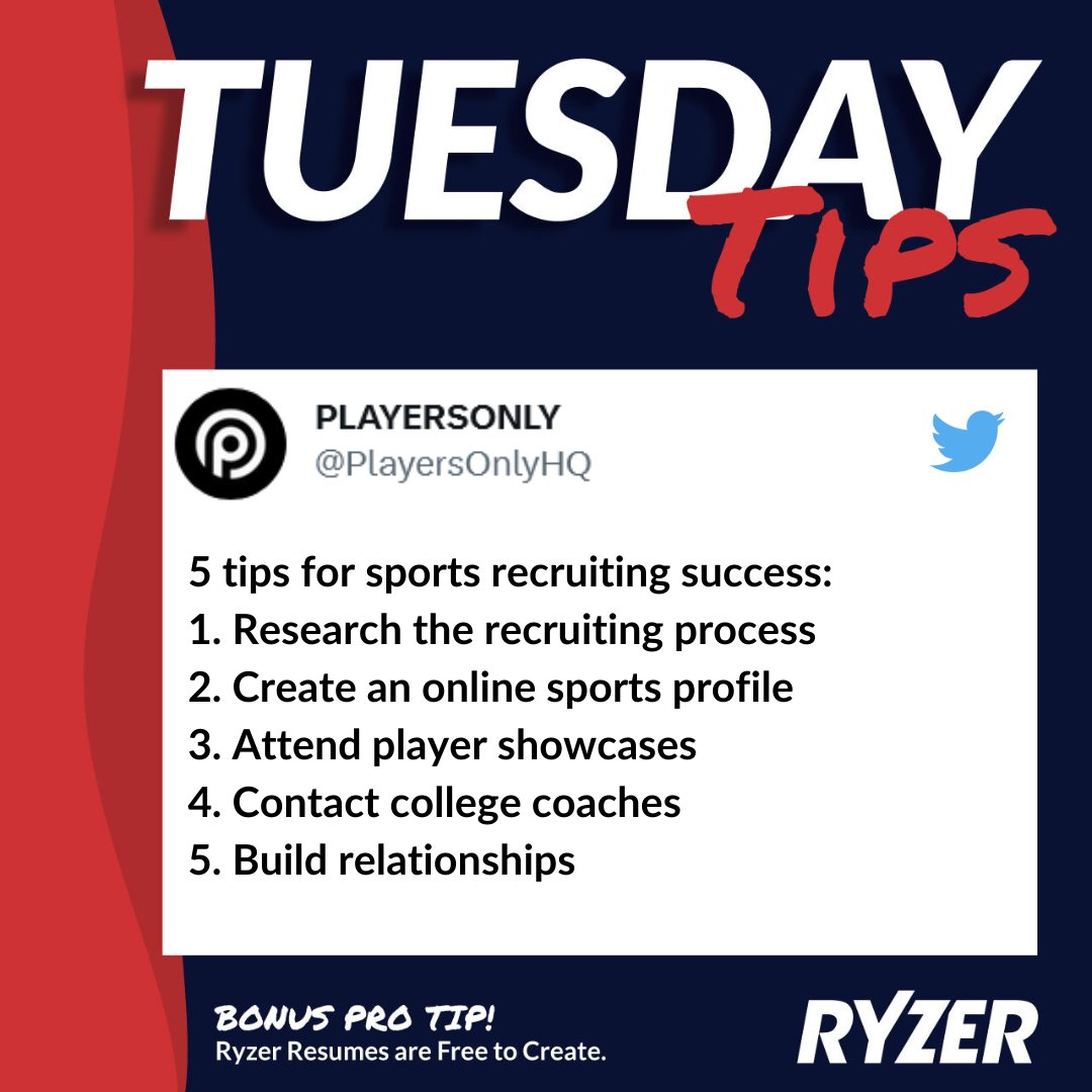 Ryzer's tweet photo. #TipTuesday Great advice & Ryzer can help! Use Ryzer Alerts to find camps near you 📍 & Fill out your Ryzer Recruiting Resume to share with coaches 📝 You can find both on your Ryzer Profile 👀 #RyzerRecruit #RyzerEvents #GetNoticed @PlayersOnlyHQ https://t.co/K3ZVWNrdjo